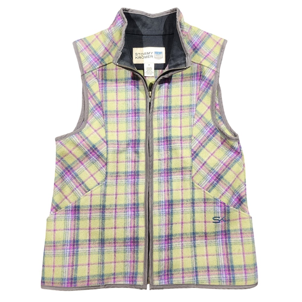 STORMY KROMER Womens Plaid Wool Vest Full Zip Made In USA Sz M Grey/navy Trim